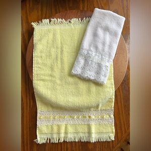 **VINTAGE** 2 Hand Towels - Embellished w/Lace~Ribbon - 1 Yellow~1 White